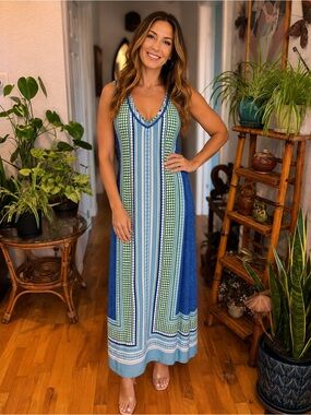 Christopher & Banks Blue & Green Striped V-Neck Maxi Dress. Size Small